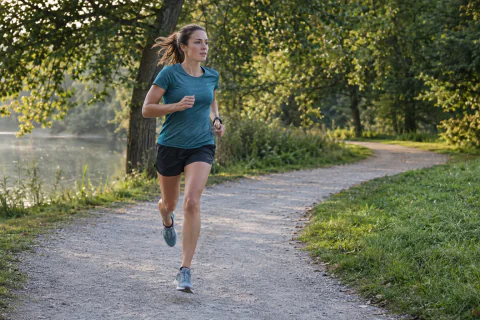 A runner training along a quiet park path